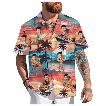 Custom Face Hawaiian Shirt - Personalized 3D Printed Unisex Beach Button-Up Short Sleeve Top
