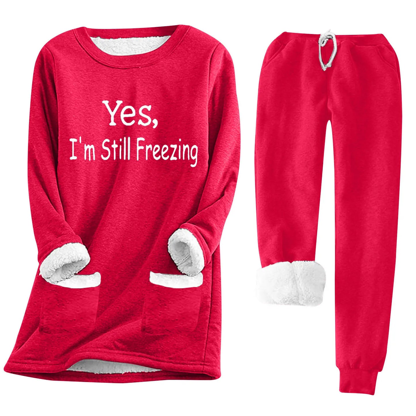Women's Autumn Winter Fleece Pajama Set - Long Sleeve Sweatshirt & Drawstring Waist Pocket Pants