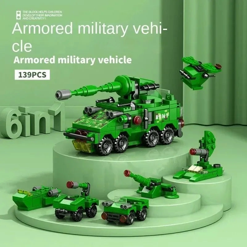 6-in-1 Police Truck Mech Dinosaur Building Blocks - Tank, Helicopter & Fire Truck Educational Toy