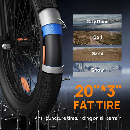 URLIFE E20 Electric Bike 1000W – 48V 13Ah Removable Battery, 20"×3" Fat Tire, 20MPH 7-Speed E-Bike with Dual Disc Brakes