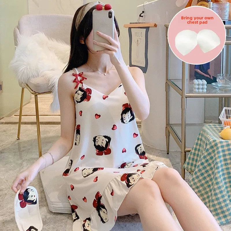 Women’s Cartoon Animal Pajama Set - Cute Loose Sling Nightgown with Bra Pad & Free Eye Mask for Sleepwear