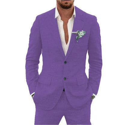 Men's Linen Suit Set - Slim Fit Notched Lapel 2 Piece Wedding & Beach Tuxedo Outfit For Summer Casual Formal Wear