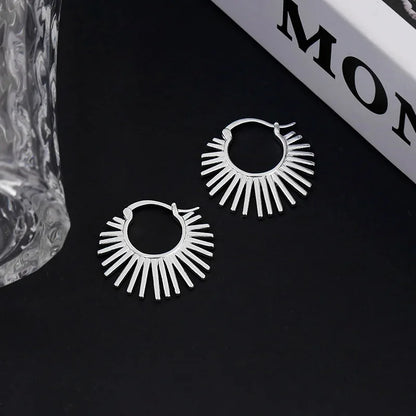 PANJBJ925 Sterling Silver Hoop Earrings - Frosted Geometric Design Fashion Jewelry Gift for Women