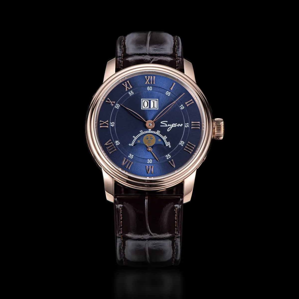Sugess Moonphase Men’s Automatic Mechanical Watch — 40MM Stainless Steel with Seagull ST2528 Movement and Blue Sandstone Dial