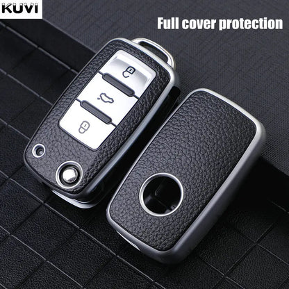 TPU Leather Car Key Case - Full Cover Protection Shell for VW Volkswagen Polo, Tiguan, Passat, Golf, Jetta, Lavida, Skoda Octavia