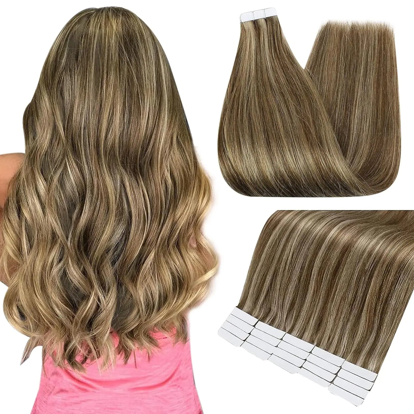 Full Shine Tape In Human Hair Extensions - 100% Remy Straight Hair Double Sided Silky Natural Tapes for Women