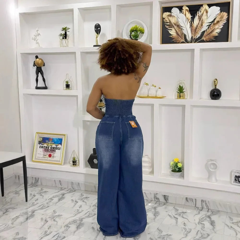 Women's Denim One-Piece Jumpsuit - Backless Long Sleeve Collared Outfit with Button Closure