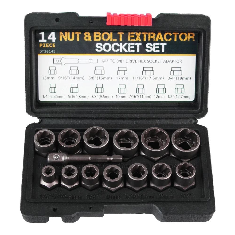 14-Piece Bolt & Nut Remover Socket Set - Cr-Mo Steel Damaged Screw Extractor Car Tool Kit