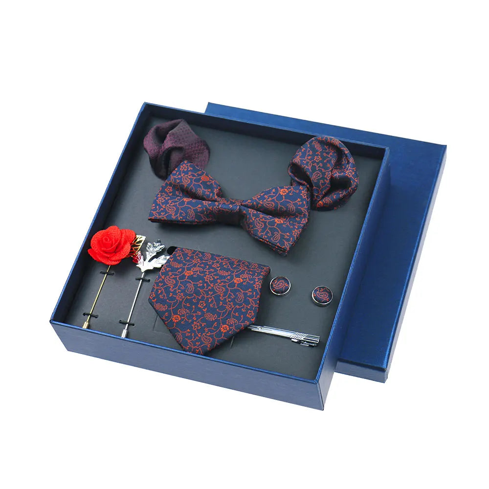 Men’s Luxury Silk Tie Set - 8cm Wedding Necktie with Bowtie, Pocket Square, Cufflinks & Floral Gift Box Accessories
