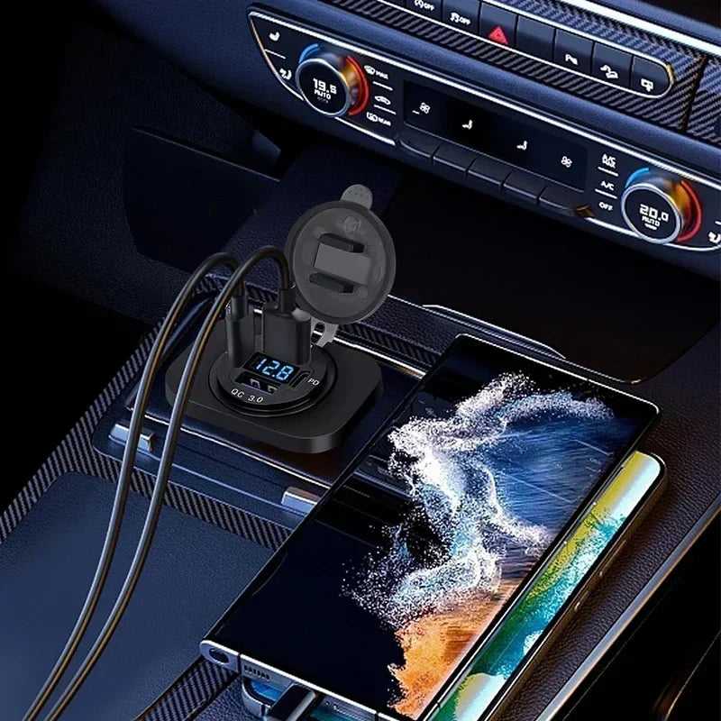 117W Dual USB Car Charger - PD & QC3.0 Fast Charging Adapter with Voltmeter Waterproof Socket for 12V/24V Vehicles