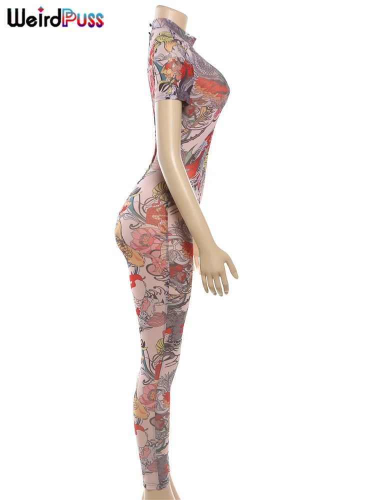 Weird Puss See-Through Jumpsuit for Women - Backless Dragon Print Short Sleeve Fitness & Workout Slim Stretch Clubwear