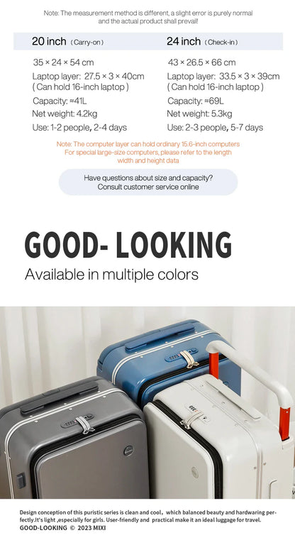 Mixi 20" Wide Handle Carry-On Suitcase — New Design Travel Trolley with Aluminum Frame, Unisex PC Luggage M9275