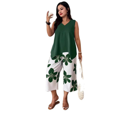 Women's Floral Print Sleeveless Summer Set - Elegant Casual 7/8 Length Fashion Outfit