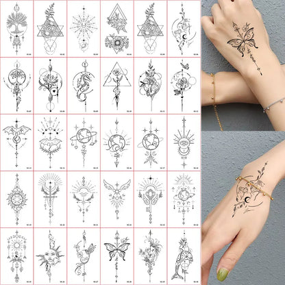 30pcs Black Temporary Tattoo Stickers - Flower Butterfly Rose Moon Star Mandala Designs for Hand, Chest & Body Art