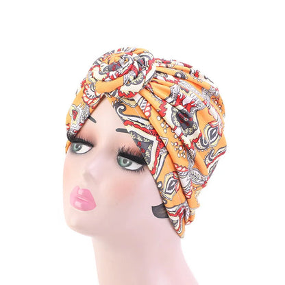 African Floral Pleated Turban - Elegant Knot Flower Beanie Head Wrap for Women, Bandana & Head Cover