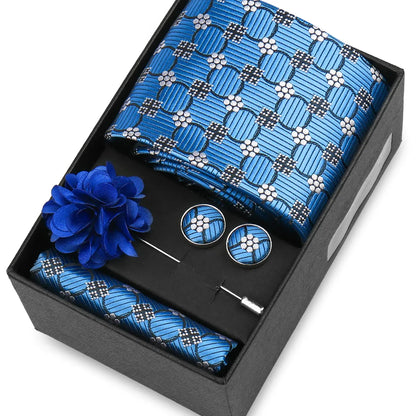 Elegant Men’s Necktie Gift Set - Fashion Tie with Handkerchief, Cufflinks & Brooch Pin Accessories for Business & Wedding