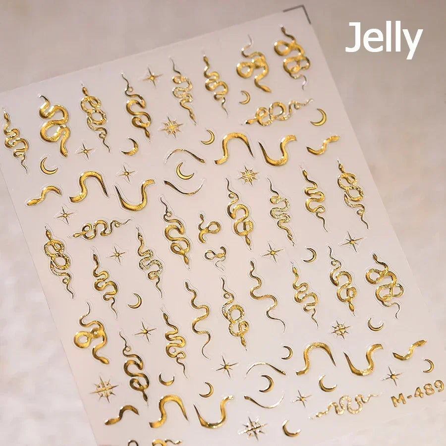5D Gold Stamped Nail Art Stickers - Silver Sun Stars Snake Chinese Style Self-Adhesive Manicure Decals