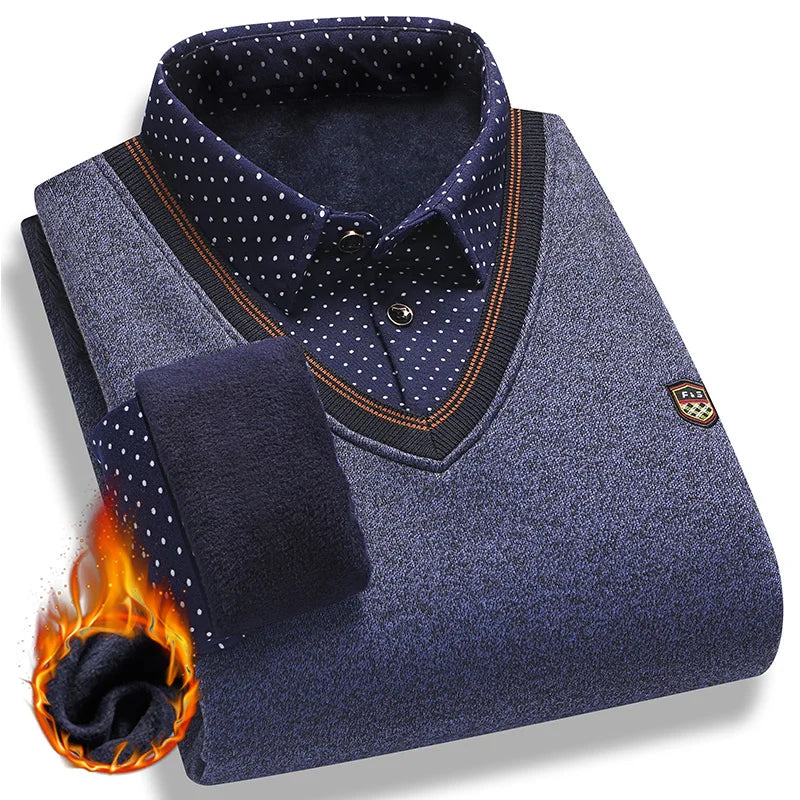 Men's Vintage Plaid Knit Sweater - Warm Fleece Polo Collar Winter Pullover
