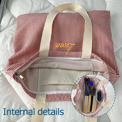 Striped Canvas Shoulder Bag - Custom Embroidered or Standard Back-to-School Tote