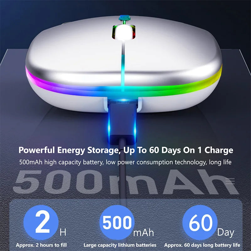 Wireless RGB Rechargeable Mouse - Bluetooth for Laptop PC, LED Backlit Silent Ergonomic Gaming Mouse