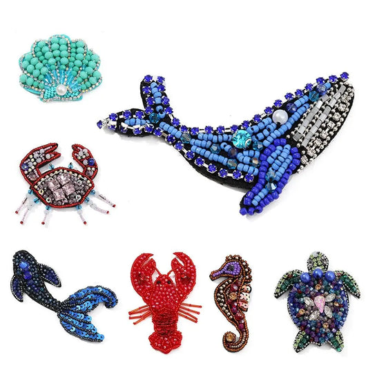 3D Marine Animal Patches - Handmade Beaded Seahorse Starfish Crab DIY Sewing Accessories for Clothing Decor