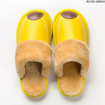 Men & Women Winter PU Leather Slippers — Black Waterproof Indoor Home Shoes, Warm Cozy House Slippers