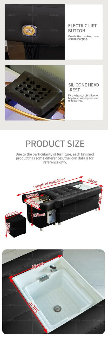 Modern Beauty Salon Shampoo Bed with Back Lift, Massage Headrest & Foot Spa Pedicure Station