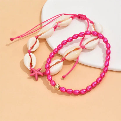 Bohemia Starfish Conch Shell Anklet – Double Heart Beaded Summer Beach Leg Chain Jewelry for Women Barefoot Sandal Accessory