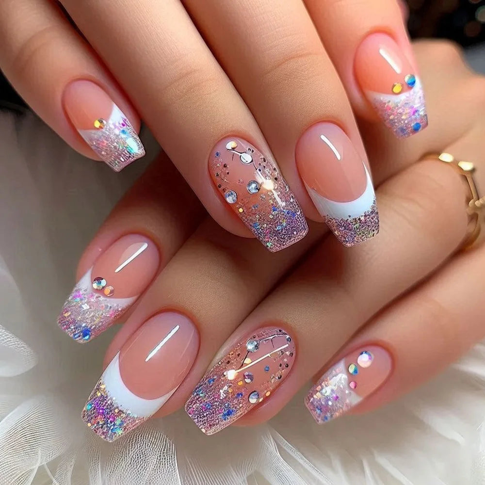24PCS Short Press On Nails - Shimmer Ballet French Full Cover Artificial Nail Tips for Daily Manicure Style