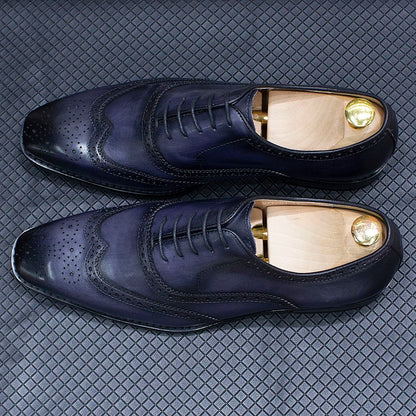 Men's Handmade Wingtip Oxford Shoes - Genuine Calfskin Leather Brogue Dress Shoes