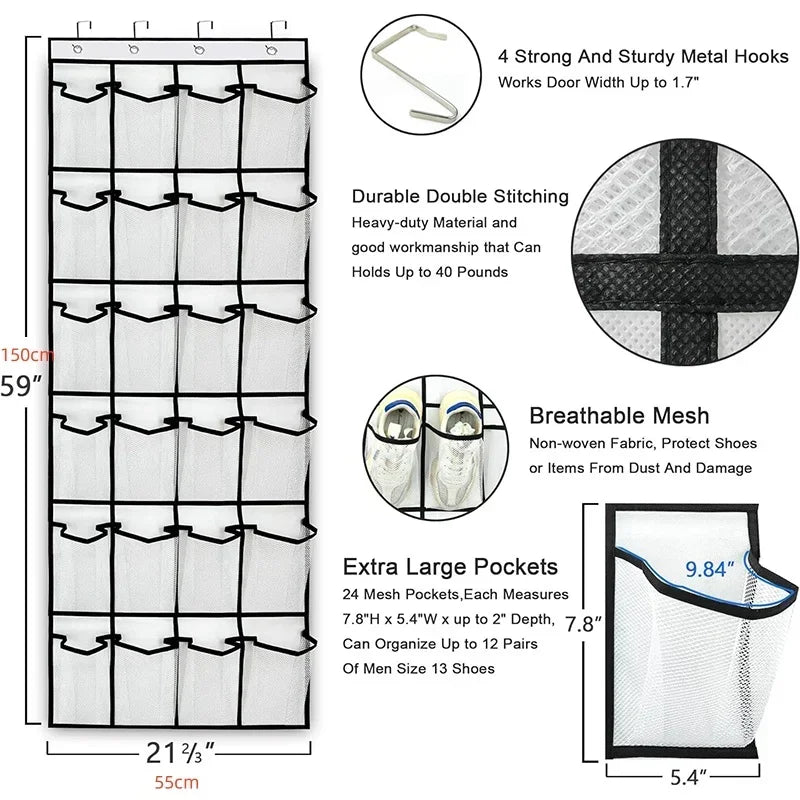 Over The Door Shoe Organizer - 12/24 Grid Large Mesh Pocket Hanging Rack for Closet Storage & Shoe Holder