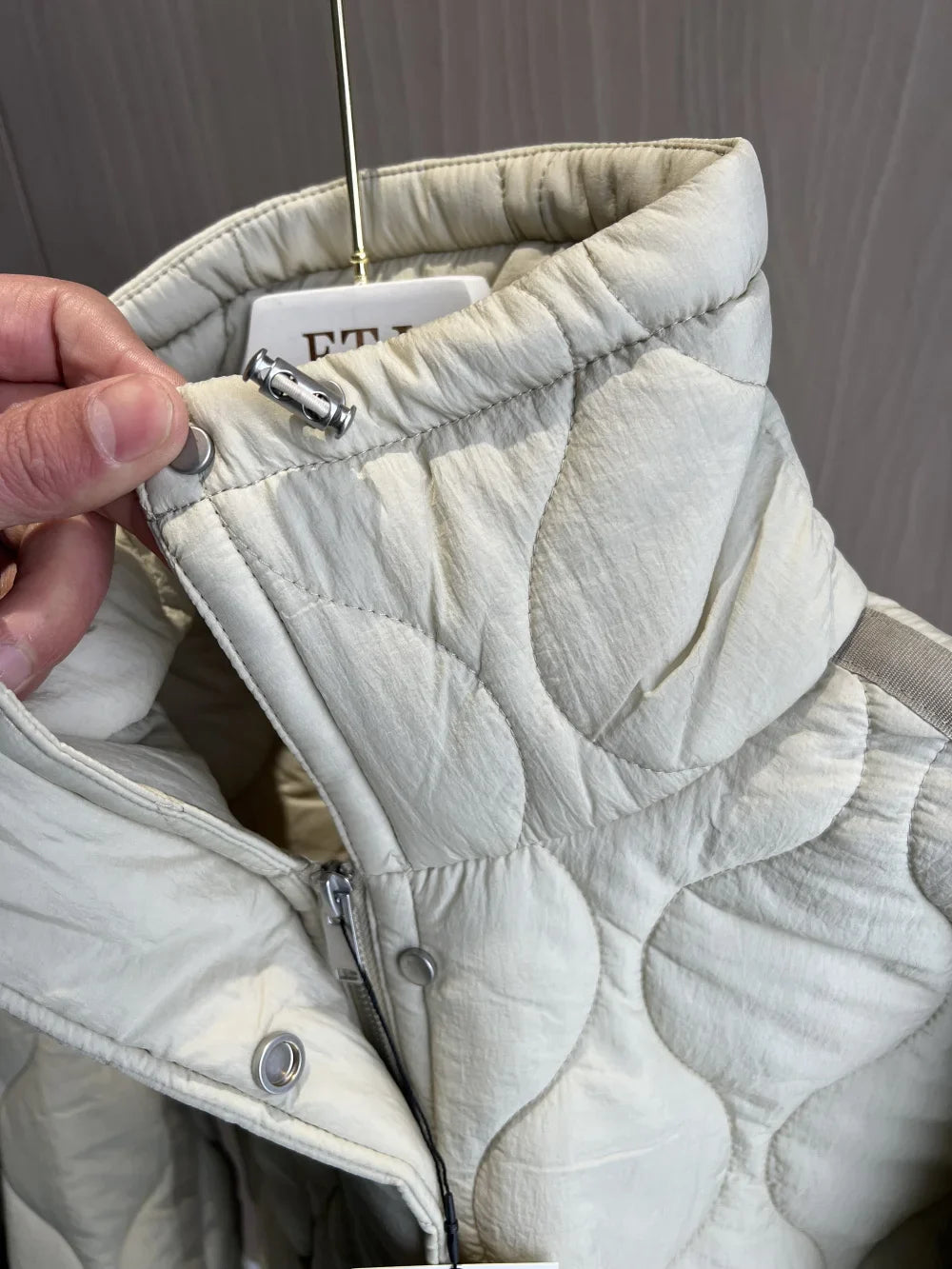 2024 ETJ Quilted Women's Coat – Beige Drawstring High Neck Jacket with Ties & Pockets