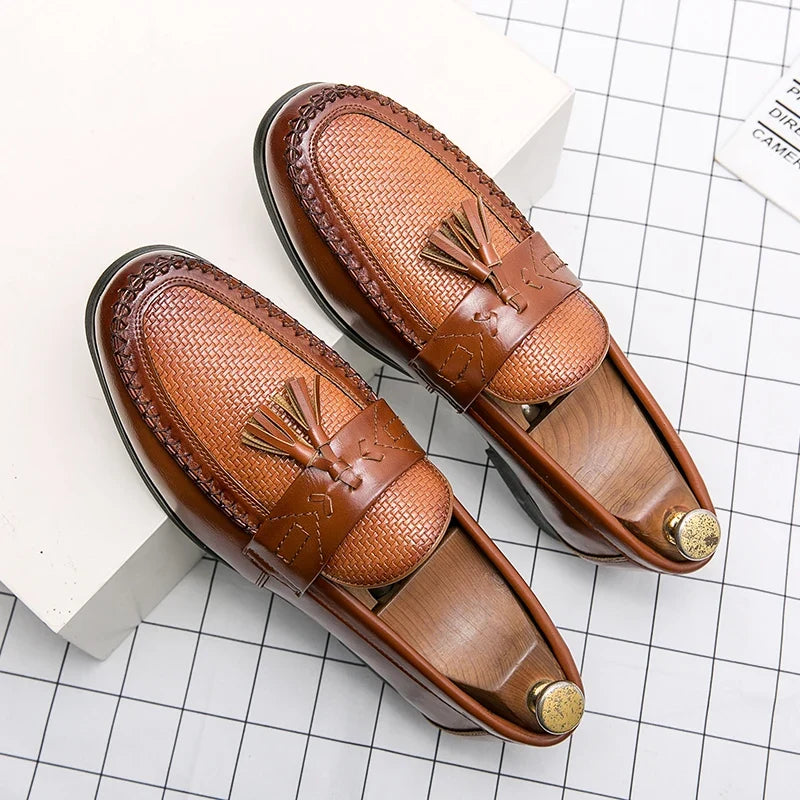 Men’s Leather Brogue Dress Shoes - Casual Business Tassel Loafers for Wedding & Party