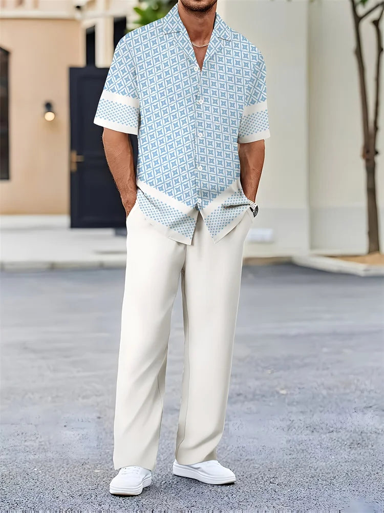 Men's Light Blue Striped Shirt Set - 3D Printed Casual Lapel Shirt for Autumn Outdoor Style