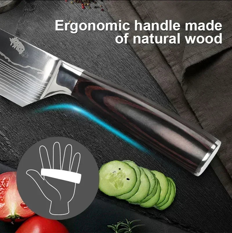Laser Damascus Kitchen Knife Set – Cleaver, Meat, Fruit, Bread, Boning Knife and Chicken Scissors for Barbecue and Home Cooking