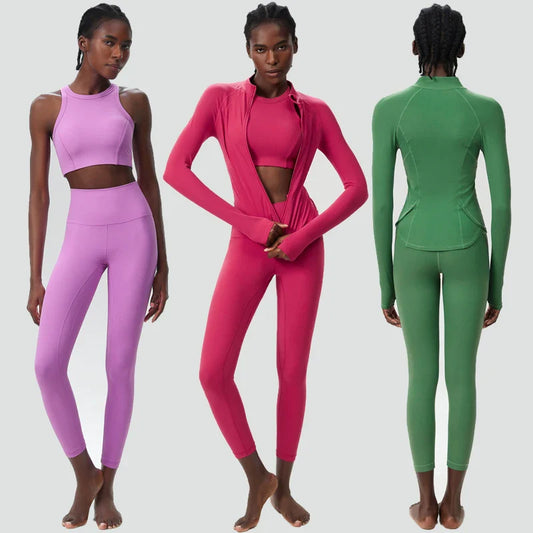 3PCS Women’s Fitness Yoga Set – Solid Color Ribbed Long Sleeve Top & High Waist Leggings, Breathable Workout Sportswear