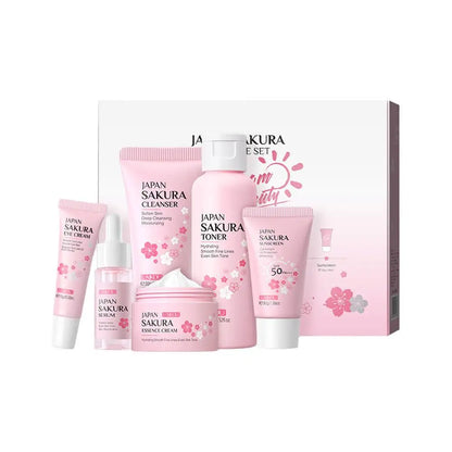 6pcs Sakura Skin Care Set – Face Cream, Serum, Toner, Cleanser, Sunscreen & Eye Cream, Complete Facial Care Gift Box