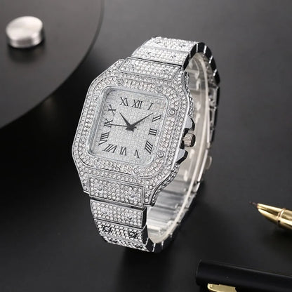Luxury Men’s Square Quartz Watch - Steel Strap Roman Numeral Rhinestone Business Wristwatch for Casual Style