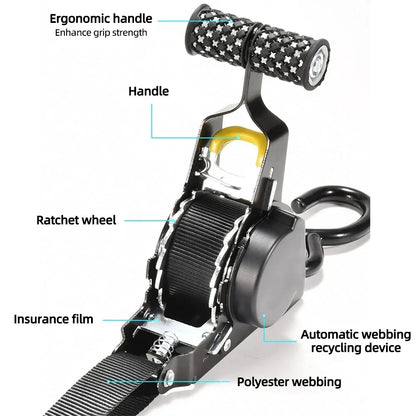 Retractable Cargo Tie Down Straps - Heavy Duty Ratchet Tensioner Belt for Car, Motorcycle and Luggage Loads