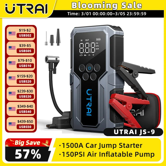 UTRAI 1500A Car Jump Starter - Portable Power Bank with 150PSI Air Pump Emergency Battery Booster and Vehicle Starting Device
