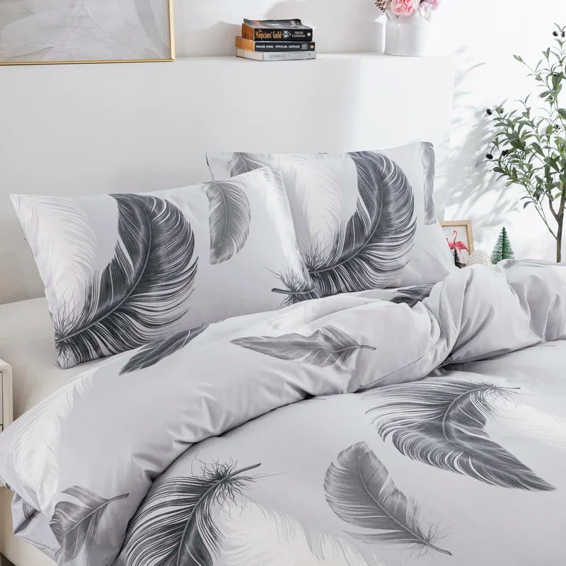Grey Feather Duvet Cover Set – Full/Queen Boho Bird Plume Luxury Soft Reversible Comforter for Kids & Teens