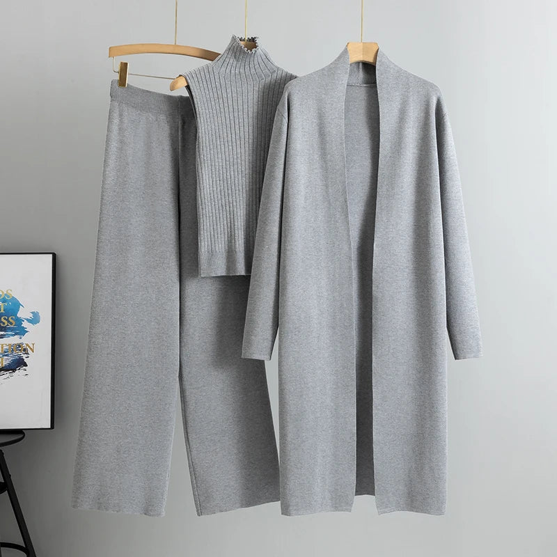 2025 Women’s 3-Piece Knitted Set – Elegant Winter & Autumn Cardigan, Sweater, and Wide-Leg Pants