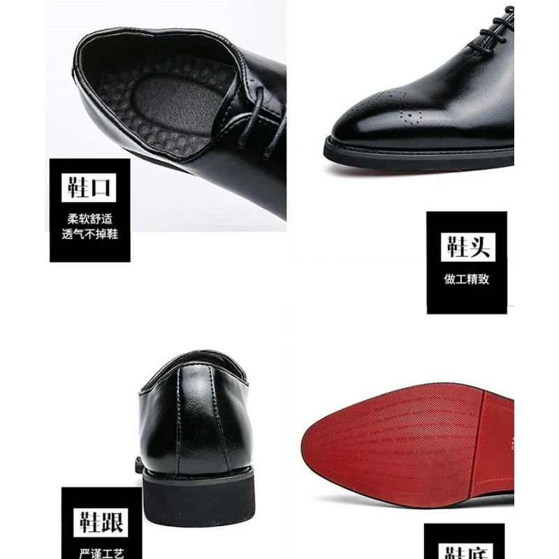 Men’s Black Red-Sole Brogue Shoes - Lace-Up Round Toe Business & Formal Dress Shoes