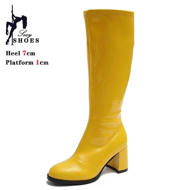 Women’s 7cm Retro Gogo Boots - 60s 70s Knee-High Square Heel Party Boots with Zip Size 44-45