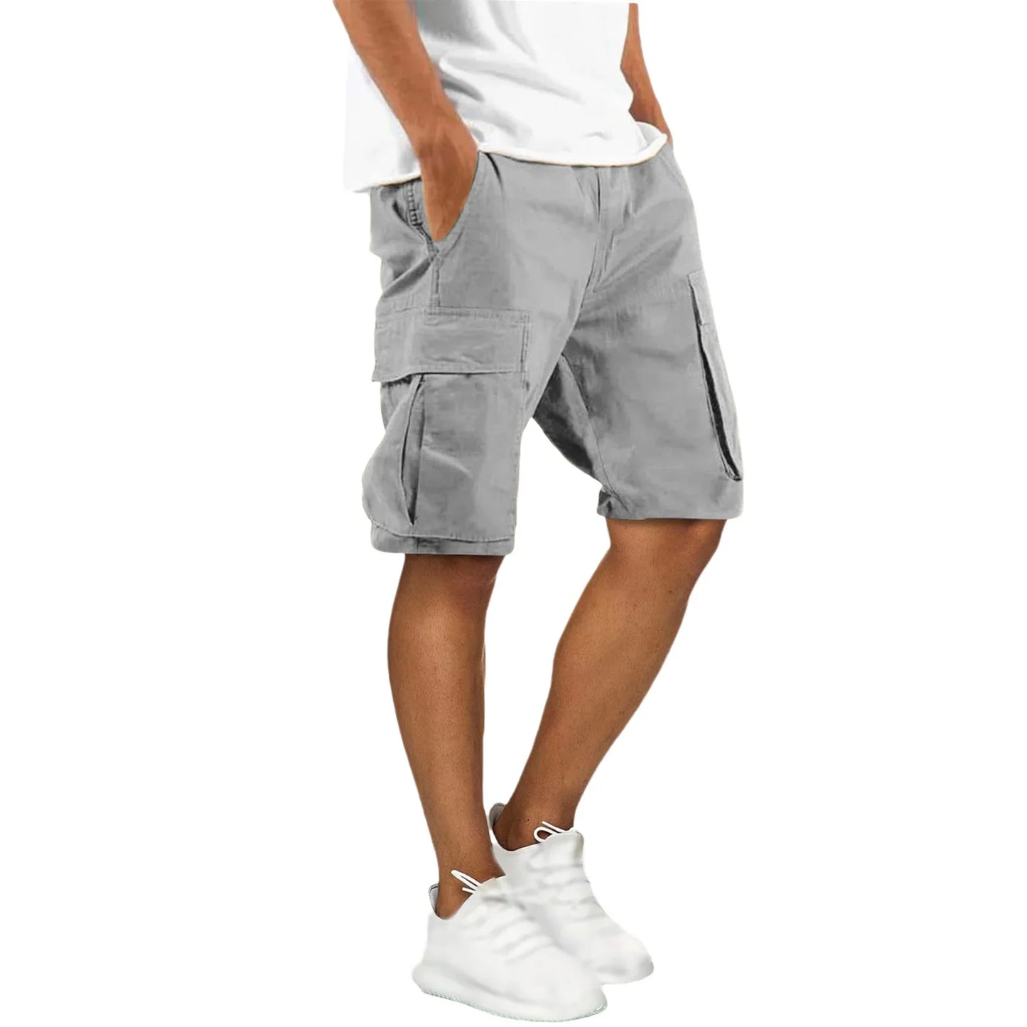 Men's Multi-Pocket Cargo Shorts - Loose Fit Drawstring Waist Knee-Length Summer Outdoor Casual Pants