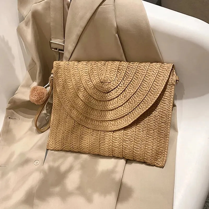 Handmade Straw Beach Bag – Small Woven Summer Shoulder Crossbody Clutch with Hair Ball