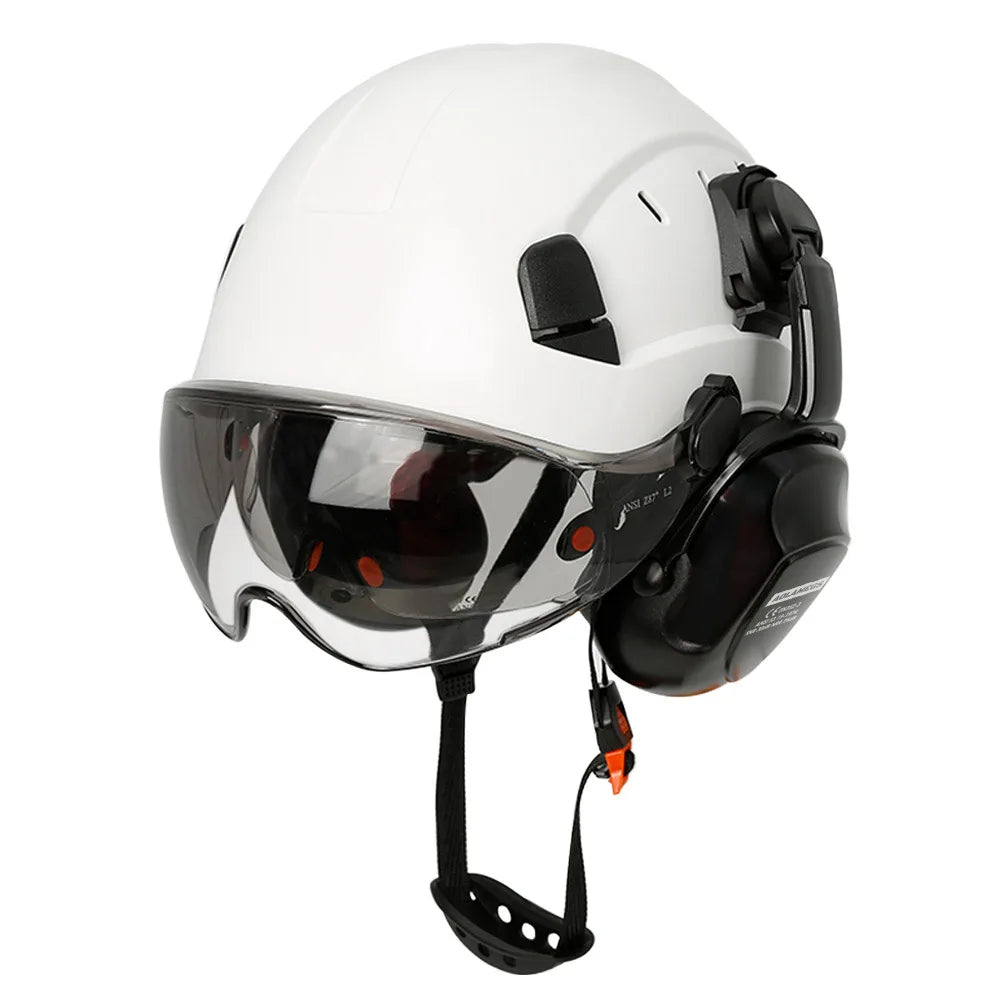 CE Certified Construction Safety Helmet with Built-In Visor, Goggles, Earmuffs - ANSI Standard Engineer Hard Hat for Industrial Head Protection