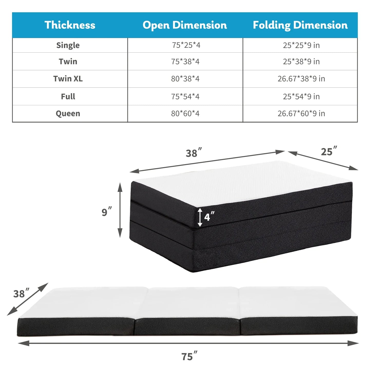 JHK Three-Fold Portable Floor Bed – CertiPUR-US Certified, Soft & Flexible Zipper Mattress for Travel, Camping, and Yoga