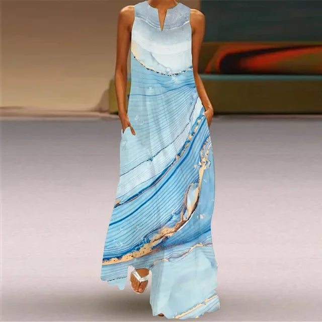 Women’s Retro V-Neck Summer Dress - Sleeveless Printed Maxi Swing Skirt with Loose Comfortable Fit