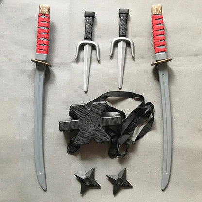 New 56cm Halloween Samurai Ninja Knife Set – 7-Piece Retro Plastic Daggers, Deadpool Cosplay Double Sword Props for Costumes and Toys